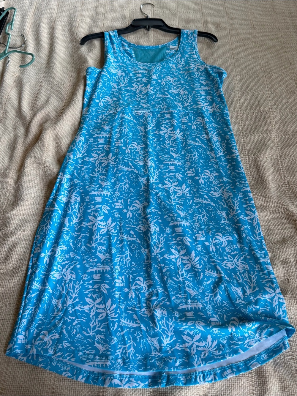 Ladies Blue Tropical Print Sleeveless Dress